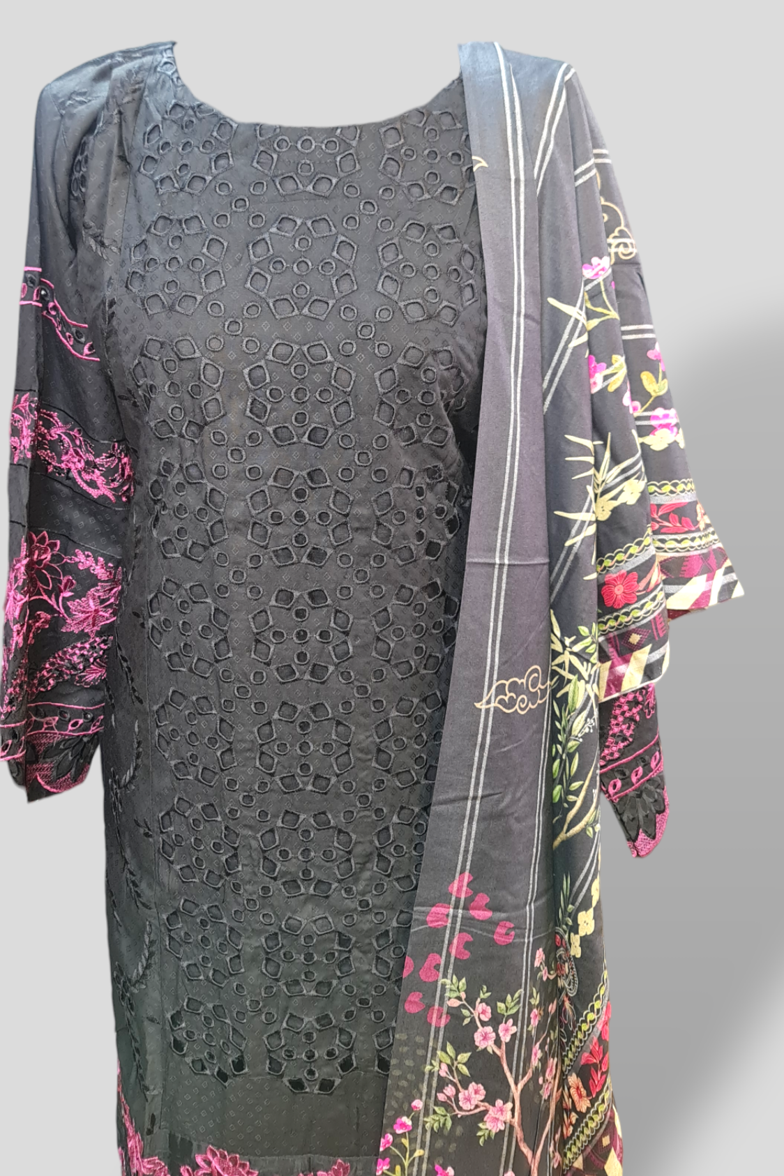 Black embroidered linen suit with jacquard printed shawl