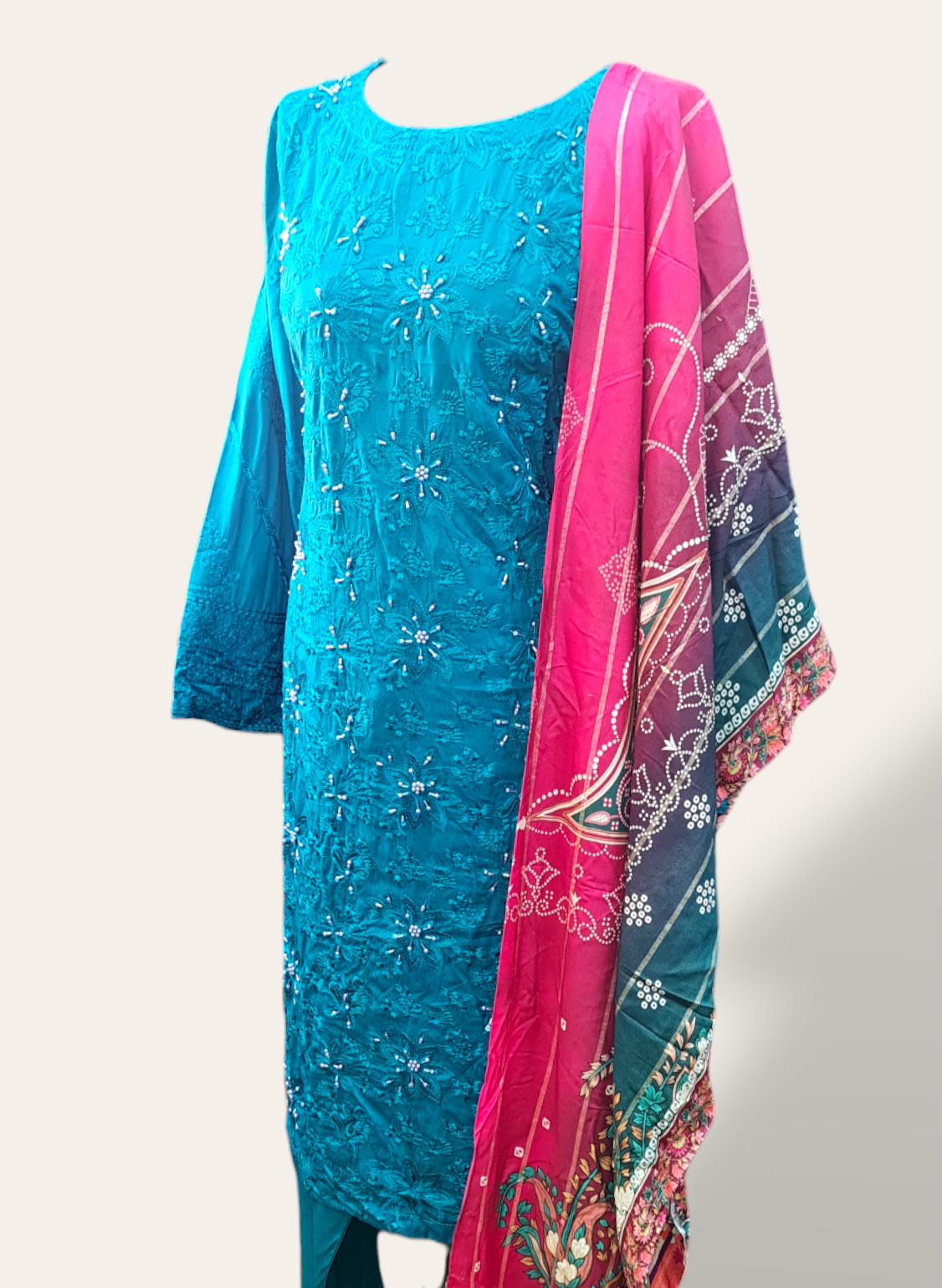 Blue Embroidered linen suit with jacquard shawl