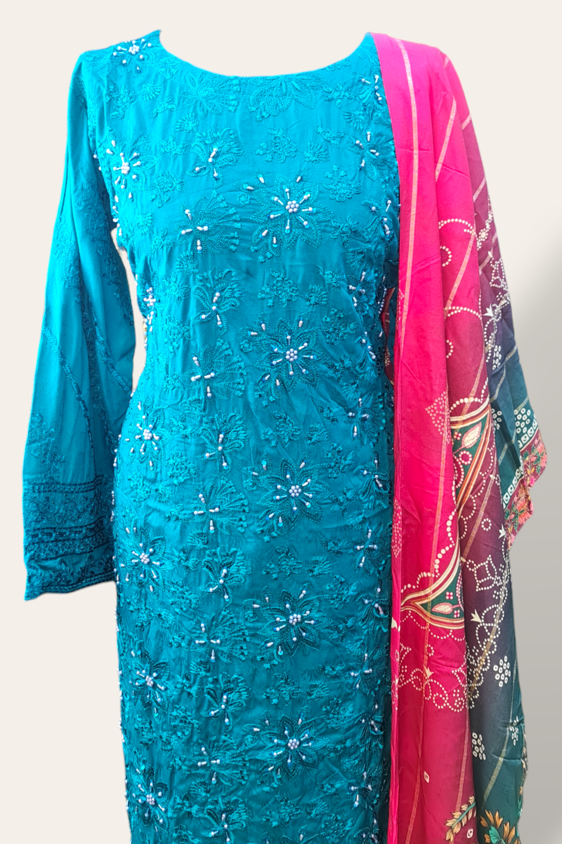 Blue Embroidered linen suit with jacquard shawl