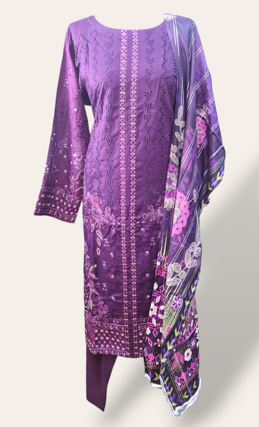 Purple Embroidered linen suit with jacquard shawl