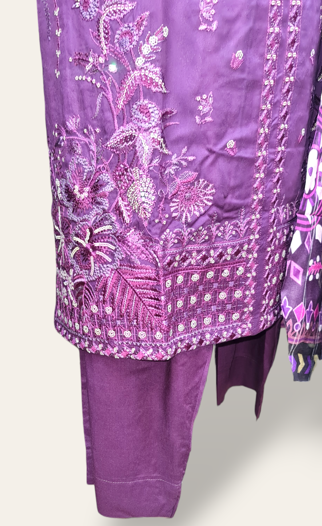 Purple Embroidered linen suit with jacquard shawl