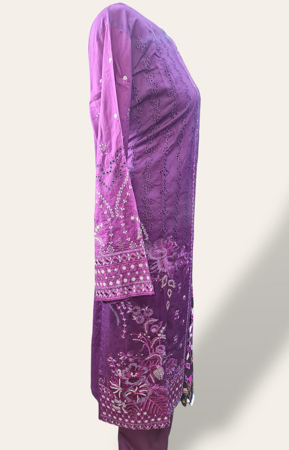 Purple Embroidered linen suit with jacquard shawl