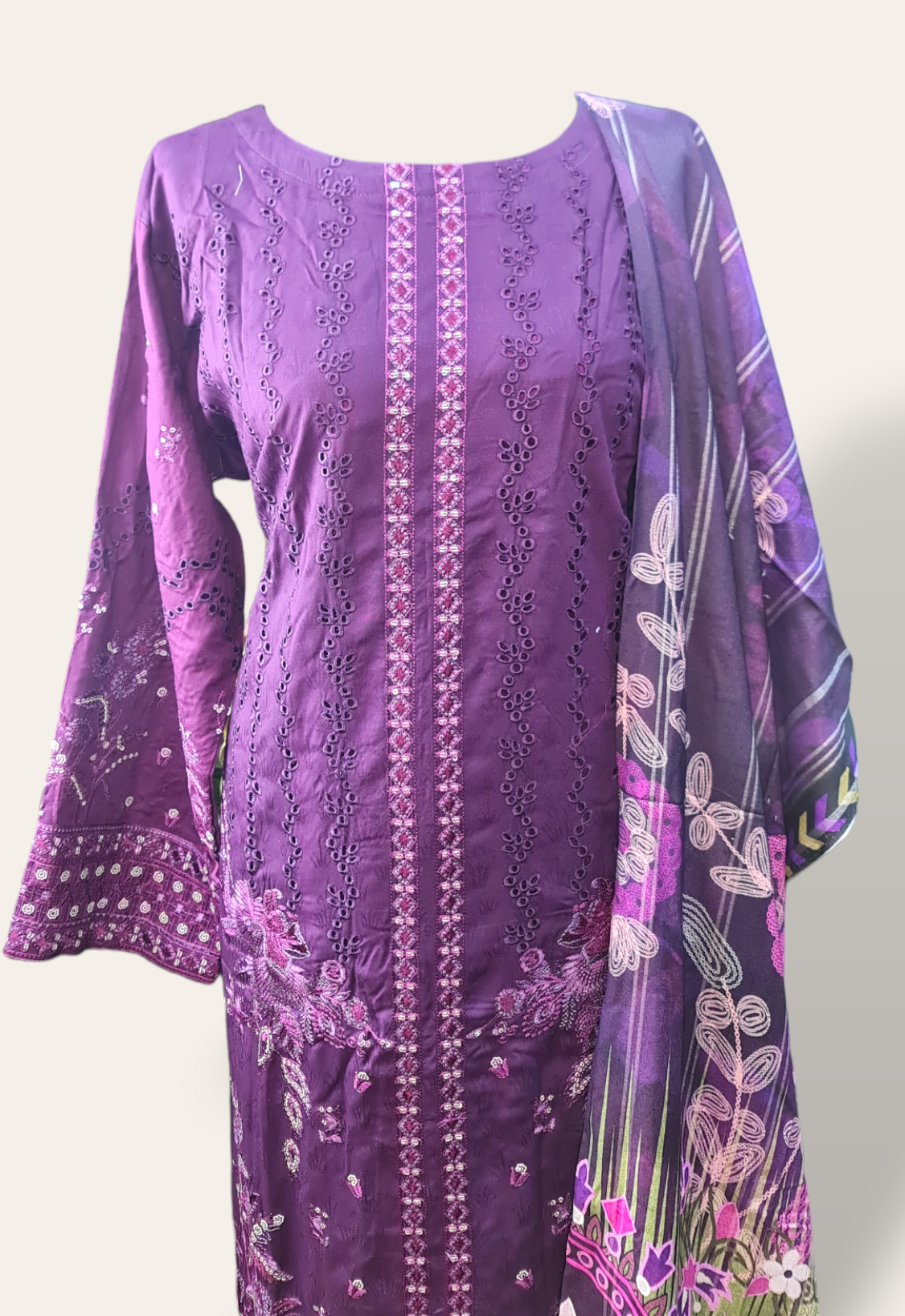 Purple Embroidered linen suit with jacquard shawl