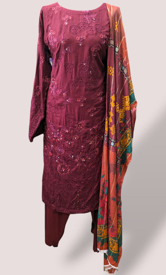 large size maroon embroidered linen suit with jacquard printed shawl