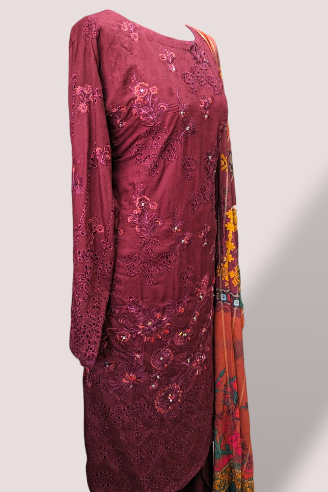 large size maroon embroidered linen suit with jacquard printed shawl