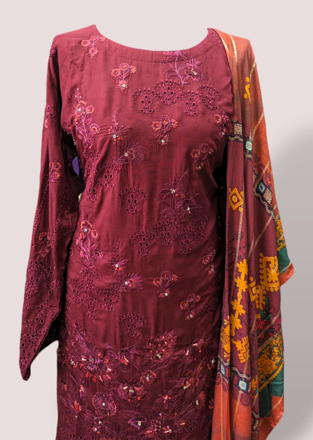 large size maroon embroidered linen suit with jacquard printed shawl