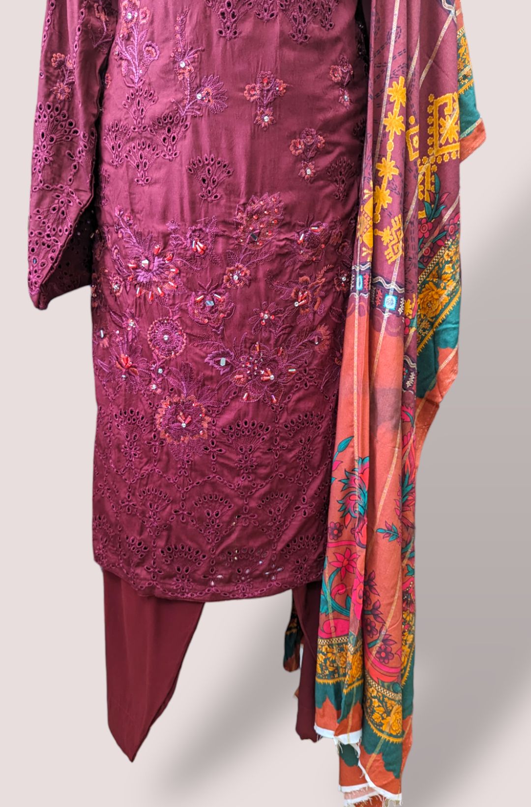 large size maroon embroidered linen suit with jacquard printed shawl