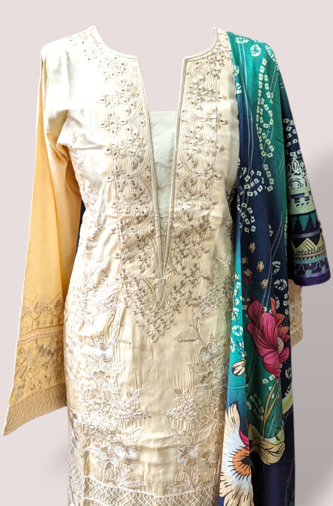 cream embroidered linen suit with jacquard printed shawl