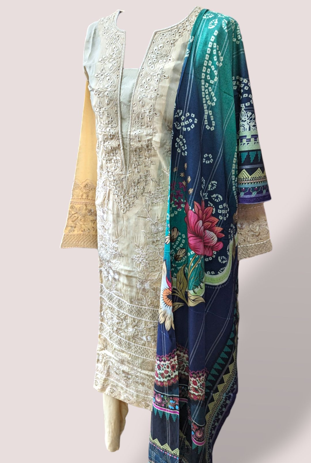 cream embroidered linen suit with jacquard printed shawl