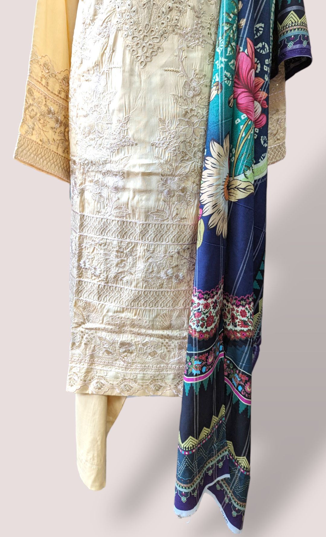 cream embroidered linen suit with jacquard printed shawl