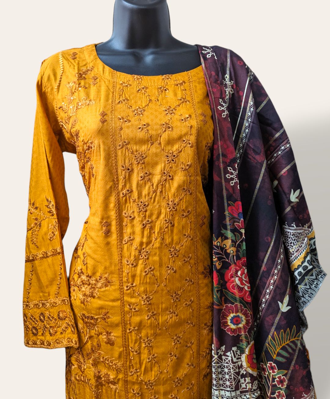 yellow embroidered linen suit with jacquard printed shawl