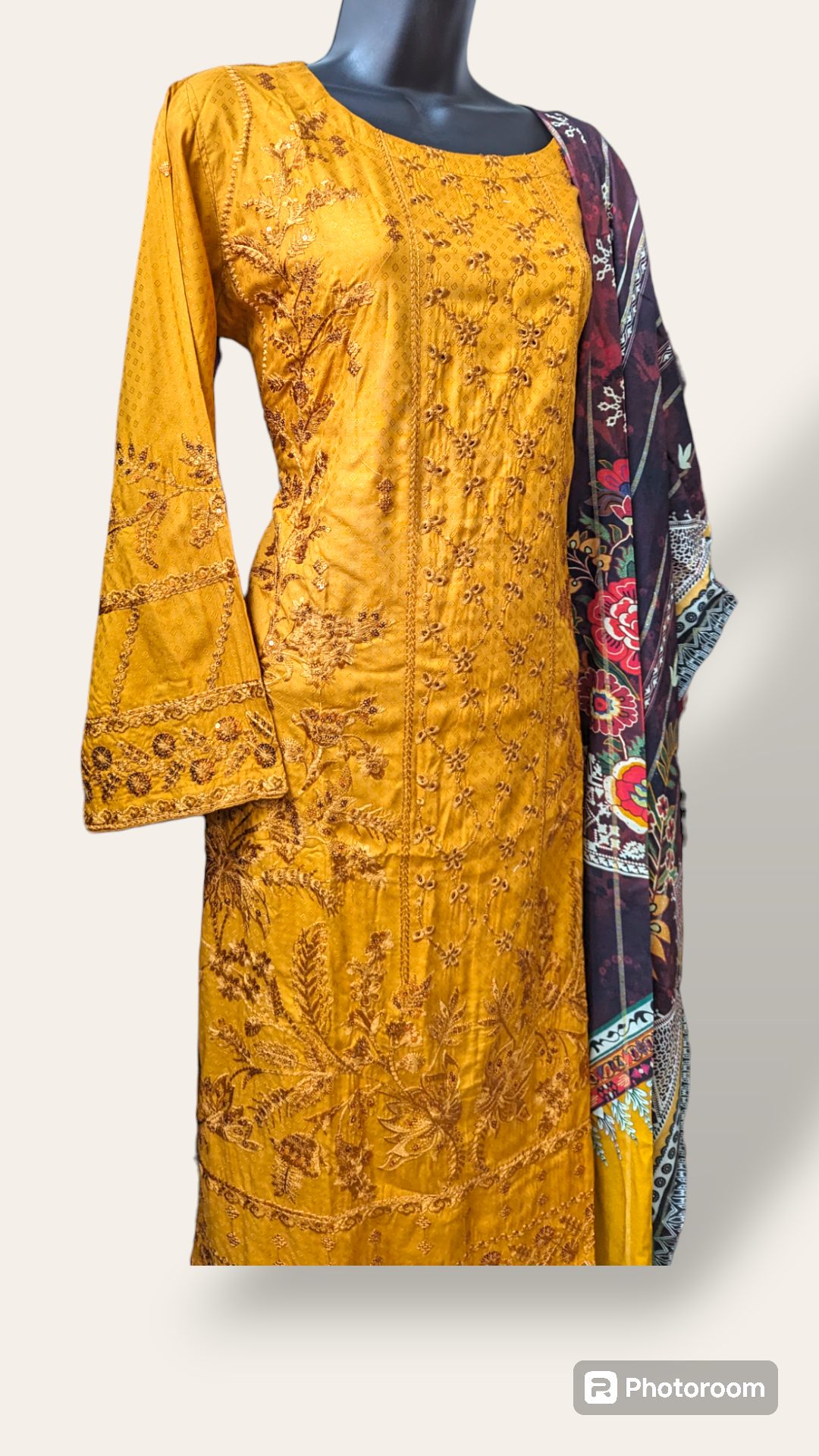 yellow embroidered linen suit with jacquard printed shawl