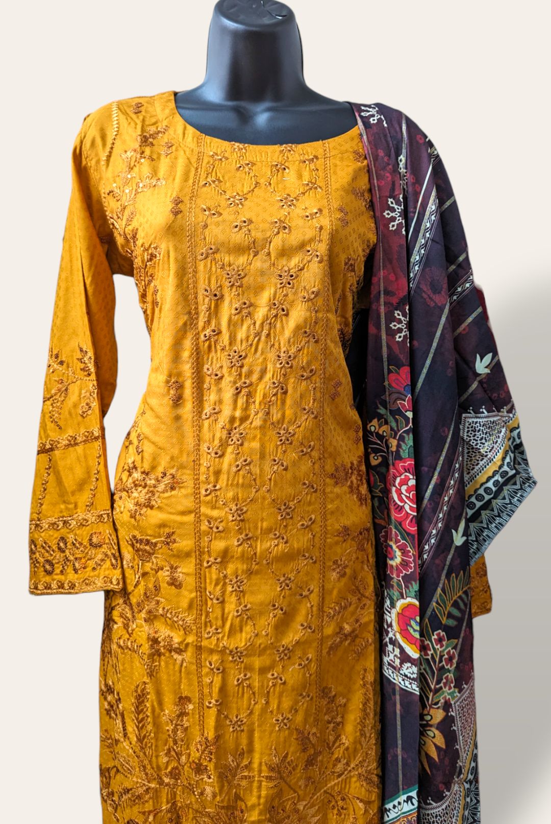 yellow embroidered linen suit with jacquard printed shawl