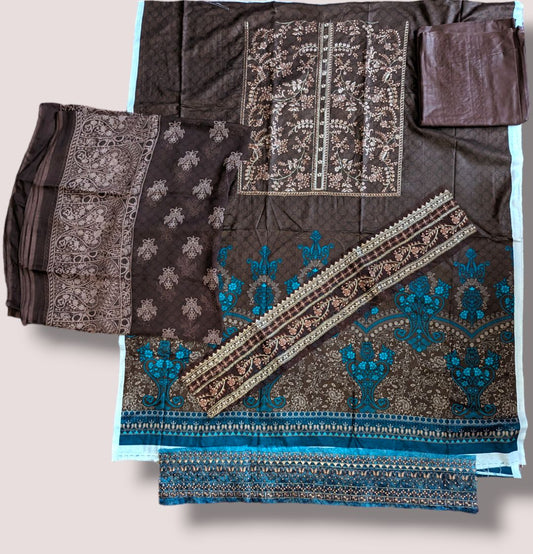 Brown unstitched printed lawn embroidered suit