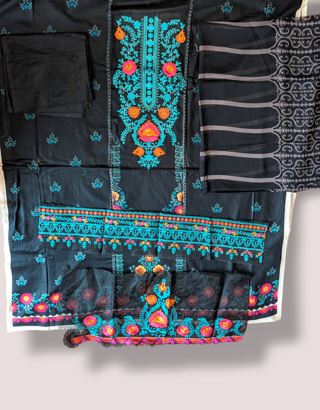 Black unstitched printed embroidered lawn suit