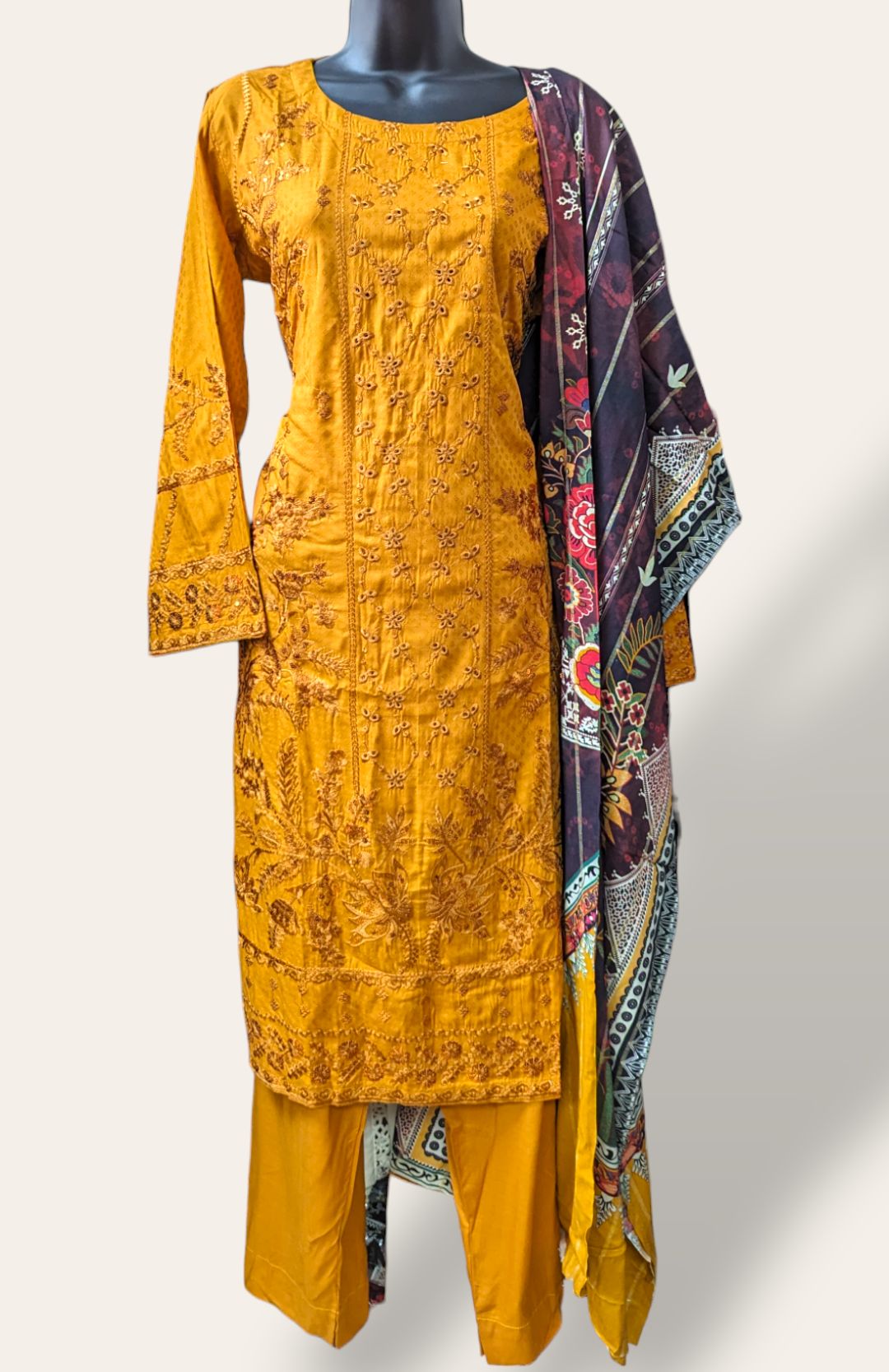 yellow embroidered linen suit with jacquard printed shawl